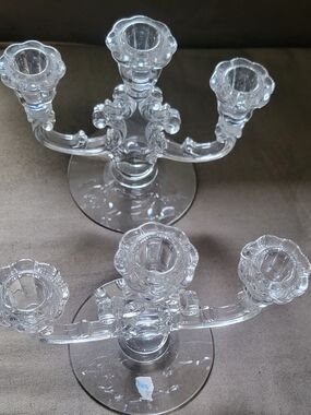 Set of Fostoria Navarre Tri Light Candlestick Holders, Vintage Triple Candelabra